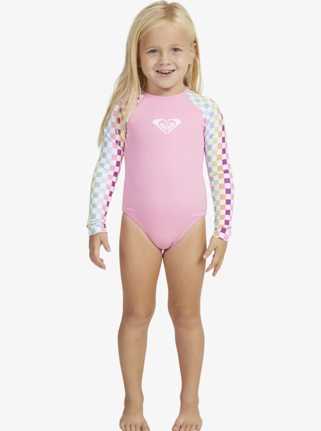 Surf | KIDS ROXY Girl's 2-7 Rainbow Check Long Sleeve One-Piece Swimsuit Bright White Check Check
