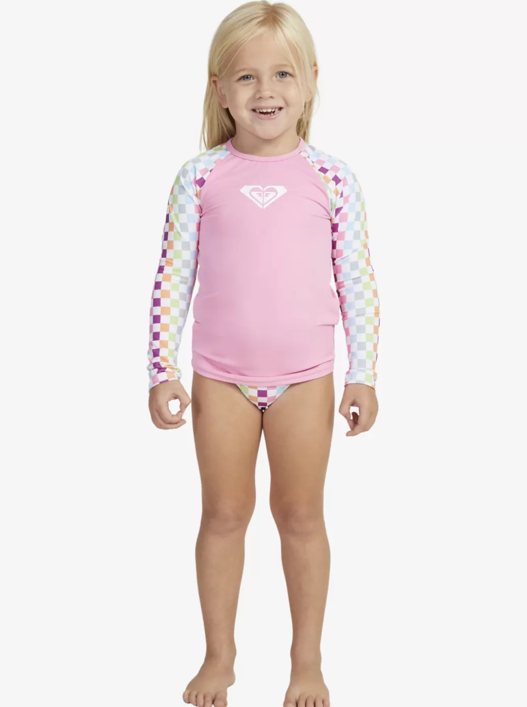 Surf | KIDS ROXY Girl's 2-7 Rainbow Check Long Sleeve Rashguard Set Bright White Check Check