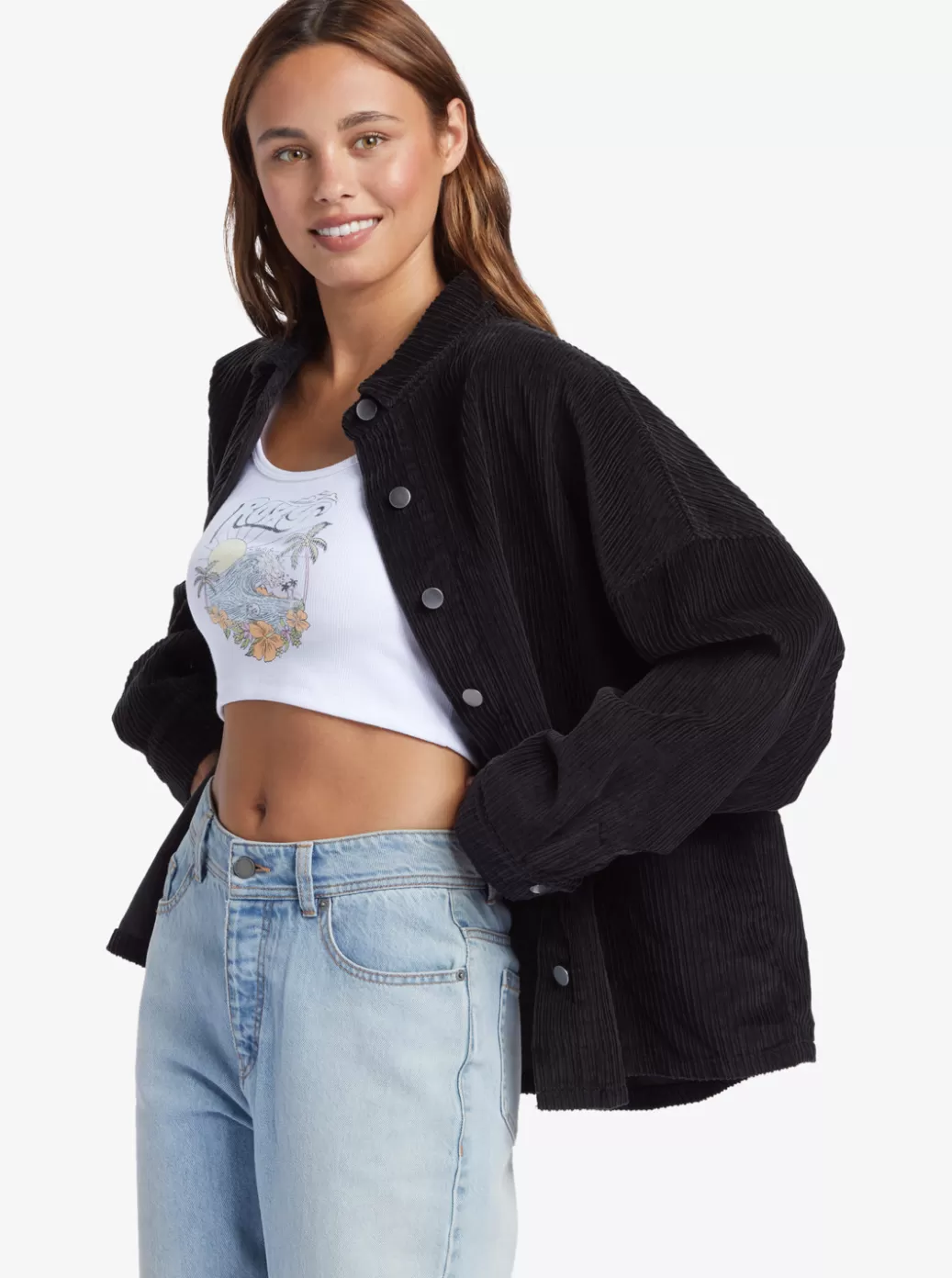 Jackets | WOMEN ROXY Kick Back Washed Corduroy Long Sleeve Shirt Anthracite