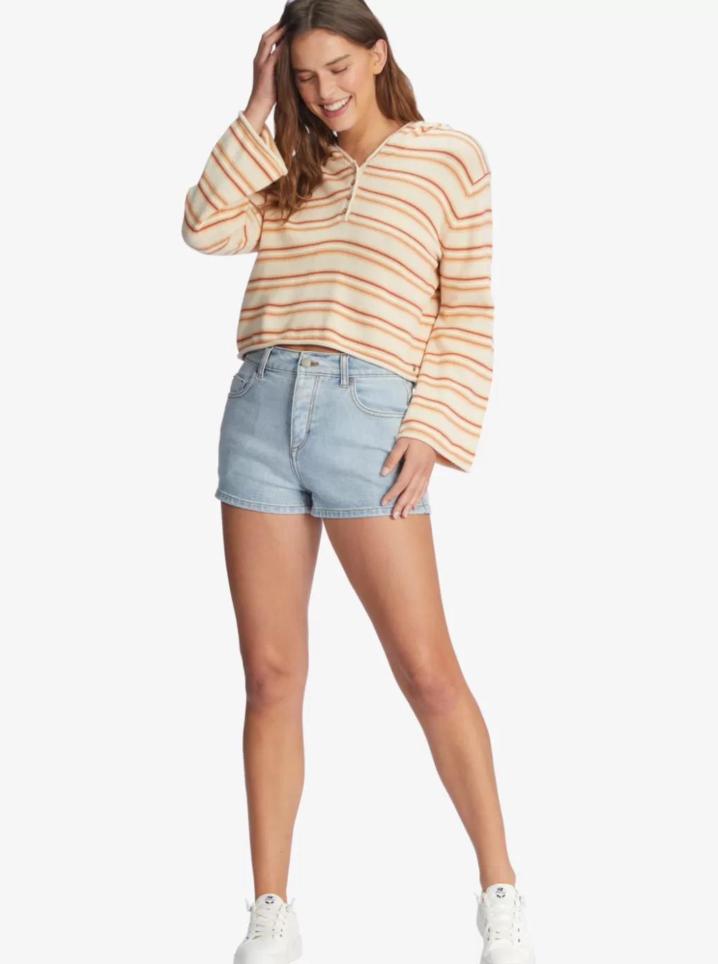 Loungewear | Sweaters | Fleece & Hoodies | WOMEN ROXY Side Swipe Poncho Hoodie Tapioca Retro Rays Stripe